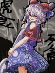  1girl backpack bag bare_shoulders cowboy_shot eyes_visible_through_hair from_side grey_hair grin highres holding holding_spoon kikeiju medium_hair pointy_ears red_eyes sharp_teeth smile solo spoon standing teeth touhou toutetsu_yuuma 