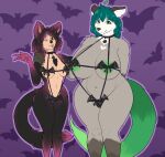  2022 anthro bell bell_collar big_breasts biped black_body black_fur blep breasts camel_toe chubby_anthro chubby_female clothed clothing collar curvy_figure didelphid digital_media_(artwork) domestic_cat duo felid feline felis female fur green_hair green_nipples grey_body grey_fur hair hi_res ineffective_clothing looking_at_viewer mammal marsupial navel nipples one_eye_closed pattern_background red_body red_fur red_hair simple_background skimpy tan_body tan_fur thick_thighs tongue tongue_out unusualmatias virginia_opossum voluptuous white_body white_fur wide_hips wink winking_at_viewer 