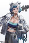  1girl absurdres baseball_bat blue_hair breasts cleavage coat earrings extra_hands gradient_hair grey_coat grey_hair highres jewelry medium_breasts midriff mole mole_under_eye mole_under_mouth multicolored_hair necklace original ryoga short_hair simple_background solo tattoo white_background 
