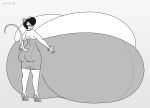  2022 anthro big_breasts blush bracelet breasts butt clothed clothing digital_media_(artwork) dress female footwear gina_(satsumalord) hair hand_on_breast hi_res high_heels huge_breasts hyper hyper_breasts jewelry mammal monochrome mouse murid murine necklace rodent satsumalord solo 