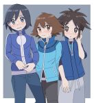  3boys bangs belt_buckle black_hair blue_jacket blush border bright_pupils brown_eyes brown_hair buckle calem_(pokemon) commentary_request grey_background grey_eyes hand_up highres hilbert_(pokemon) jacket long_sleeves male_focus multiple_boys nate_(pokemon) parted_lips pokemon pokemon_(game) pokemon_bw pokemon_bw2 pokemon_xy sana_(37pisana) short_hair short_sleeves sweat turtleneck turtleneck_jacket white_border white_pupils zipper_pull_tab 