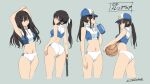  1girl armpits arms_up ass basketball black_hair blue_background bottle breasts gun handgun hat highres holding holding_gun holding_weapon inoue_takina long_hair lycoris_recoil matsumoto_noriyuki midriff multiple_views navel ponytail purple_eyes simple_background sleeveless weapon 