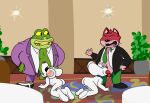  2022 amphibian anthro baron_greenback bottomwear butt clothing commander_star danger_mouse danger_mouse_(series) detailed_background domestic_cat felid feline felis frog goro_(mappy) green_body group hi_res male male/male mammal mappy mappy_(character) mouse murid murine necktie oral pants red_body rodent sex shiftylook shirt slightly_chubby toad_(frog) topwear video_games white_body 