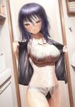  1girl bare_legs bathroom black_hair black_vest blush bra_visible_through_clothes breasts brown_eyes collarbone collared_shirt hair_between_eyes highres indoors large_breasts long_hair looking_at_viewer masatoki open_clothes open_mouth open_vest original see-through see-through_shirt shirt sleeveless solo towel undressing vest wet wet_clothes wet_hair wet_shirt wet_vest white_shirt 
