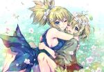  2girls absurdres ass bangs bare_shoulders blonde_hair blue_dress blue_eyes blush breasts brown_eyes carnelian closed_mouth day dr._stone dress fingernails flower hair_flower hair_ornament highres hug kohaku_(dr._stone) large_breasts long_hair multiple_girls open_mouth outdoors ponytail scan shiny shiny_hair short_dress short_hair sideboob simple_background sleeveless smile spoilers suika_(dr.stone) teeth thighs upper_teeth 
