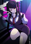  1girl absurdres cigarette highres jill_stingray long_hair necktie purple_hair red_eyes red_necktie saltnvalk smoke smoking solo thighs twintails va-11_hall-a 