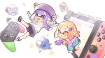  2girls aqua_jacket bangs black_shorts chibi fang floating hair_ornament hand_up hat inkling inkling_girl jacket long_sleeves multiple_girls nintendo_switch nintendo_switch_pro_controller open_mouth orange_eyes orange_hair pink_jacket purple_eyes purple_hair purple_headwear short_shorts shorts splatoon_(series) star_(symbol) star_hair_ornament star_in_eye sweater symbol_in_eye tambarin_inoue white_background white_sweater zipper 