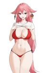  1girl animal_ears ass_visible_through_thighs bangs bikini blush breasts clothes_lift earrings fox_ears genshin_impact hair_between_eyes highres jewelry kou_(kokounene) large_breasts lifted_by_self long_hair looking_at_viewer navel parted_lips pink_hair purple_eyes red_bikini shirt shirt_lift side-tie_bikini_bottom simple_background solo stomach swimsuit t-shirt teeth thighs upper_teeth very_long_hair white_background white_shirt yae_miko 