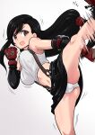  absurdres black_hair brown_eyes final_fantasy final_fantasy_xiv gloves high_kick highres kicking leg_up long_hair motion_lines navel open_mouth panties shirt shoes skirt smile standing standing_on_one_leg strap tifa_lockhart tororonoyama underwear white_shirt 