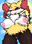  absurd_res anthro big_breasts black_body blush braixen breasts clothing female generation_6_pokemon hi_res milkteafox nintendo one_eye_closed pokemon pokemon_(species) solo underwear video_games yellow_body 