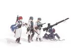  3girls anti-tank_rifle awsaedmd black_footwear blonde_hair blue_eyes boots coat girls&#039;_frontline green_eyes gun helmet highres holding holding_gun holding_weapon long_hair long_sleeves military_helmet miniskirt mosin-nagant_(girls&#039;_frontline) multiple_girls open_clothes open_coat prowler_(girls&#039;_frontline) red_hair rifle robot skirt stahlhelm striped striped_skirt submachine_gun suomi_(girls&#039;_frontline) suomi_kp/-31 thighhighs vertical-striped_skirt vertical_stripes walking weapon weapon_on_back white_coat white_thighhighs 