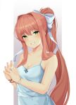  absurdres bow brown_hair doki_doki_literature_club green_eyes highres kamisatoyuu long_hair monika_(doki_doki_literature_club) own_hands_together ponytail shirt smile teeth upper_body white_bow white_shirt 