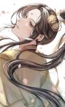  1boy ayan530588 bishounen black_hair brown_eyes brown_hair chinese_clothes earrings facial_mark falling_petals forehead_mark hair_ornament hanfu highres jewelry long_hair looking_at_viewer male_focus petals solo tian_guan_ci_fu wide_sleeves xie_lian 