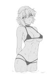  1girl alternate_costume arms_behind_back bangs bikini blush breasts closed_mouth commentary_request covered_nipples cowboy_shot expressionless eyes_visible_through_hair greyscale hair_between_eyes highres looking_at_viewer medium_breasts mizuhashi_parsee monochrome navel ootsuki_wataru pointy_ears short_hair simple_background solo swimsuit touhou wet 