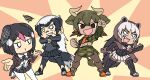  4girls :d animal_ears arm_up aurochs_(kemono_friends) badger_ears badger_tail bird_girl bird_tail bird_wings black_hair boots brown_eyes brown_hair brown_pantyhose camouflage camouflage_shirt camouflage_skirt chibi clenched_hand clenched_hands collared_shirt cow_ears cow_girl cow_horns cow_tail cropped_shirt elbow_gloves extra_ears feet_out_of_frame fingerless_gloves fist_in_hand full_body gloves greater_honeyguide_(kemono_friends) green_hair grey_hair grin hands_up head_wings horns jacket jacket_on_shoulders kemono_friends layered_sleeves leaning_forward long_hair long_sleeves looking_afar looking_at_another looking_at_viewer medium_hair midriff miniskirt multicolored_hair multiple_girls navel necktie open_clothes open_jacket open_shirt outstretched_arm outstretched_hand own_hands_together pantyhose pink_hair pleated_skirt pose print_shirt print_skirt ratel_(kemono_friends) shirt shoes short_over_long_sleeves short_sleeves skirt smile squiggle srd_(srdsrd01) standing stomach tail tan thigh_boots two-tone_hair undershirt v-shaped_eyebrows very_long_hair white_eyes white_hair wing_collar wings wolverine_(kemono_friends) zettai_ryouiki 
