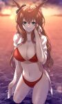  1girl animal_ears bikini black_ribbon blurry blurry_background breasts brown_hair commentary_request ear_ribbon green_eyes hair_between_eyes highres horse_ears horse_girl iwashi_111 large_breasts long_hair looking_at_viewer maruzensky_(umamusume) navel open_clothes open_shirt outdoors partially_submerged red_bikini ribbon shirt smile solo sunset swimsuit umamusume wet white_shirt 