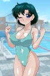  1girl absurdres bishoujo_senshi_sailor_moon blue_eyes blue_hair blue_one-piece_swimsuit blue_sky blurry blurry_background breasts building cameltoe casual_one-piece_swimsuit cleavage cloud collarbone commentary_request cowboy_shot day earrings highleg highleg_swimsuit highres hoimin_(anchangdeath) jewelry large_breasts mizuno_ami one-piece_swimsuit one_eye_closed outdoors pool short_hair sky solo standing swimsuit 