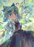  1girl absurdres ascot bangs blue_bow blue_dress blue_eyes blue_hair bow cirno cirno_day commentary dress feet_out_of_frame grin hair_between_eyes hair_bow highres ice ice_wings medium_hair red_ascot riki6 short_sleeves smile solo star_(symbol) touhou v-shaped_eyebrows wavy_hair wings 