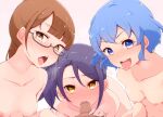  1boy 3girls bangs blue_eyes blue_hair blunt_bangs blush breasts brown_eyes brown_hair collarbone completely_nude dorothy_west fellatio glasses harem hetero looking_at_viewer minami_mirei multiple_girls nude open_mouth oral parted_bangs pov pretty_(series) pripara purple_hair simple_background small_breasts tongue tongue_out toudou_shion yellow_eyes yonekura_hisaki 