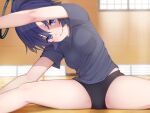  1girl arm_up bananafish1111 bare_legs black_buruma blue_archive blue_shirt blurry blurry_background blush breasts buruma closed_mouth feet_out_of_frame gym_uniform halo highres indoors large_breasts leaning_to_the_side midriff_peek on_floor purple_hair shirt short_hair short_sleeves sitting solo spread_legs stretching sunlight t-shirt thighs window wooden_floor yuuka_(blue_archive) 