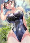  1girl absurdres black_hair black_one-piece_swimsuit blue_sky blush breasts building cleavage cloud commentary_request competition_swimsuit covered_navel goggles goggles_on_head highleg highleg_swimsuit highres large_breasts looking_to_the_side mole mole_under_eye navel ogata_tei one-piece_swimsuit original outdoors parted_lips short_hair sky solo swimsuit thighs wet wet_clothes wet_swimsuit white_headwear 