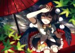  1girl black_hair black_skirt buttons collared_shirt dise feet_out_of_frame frilled_skirt frills hat open_mouth pom_pom_(clothes) puffy_short_sleeves puffy_sleeves red_eyes red_headwear shameimaru_aya shirt short_hair short_sleeves skirt smile solo tokin_hat touhou white_shirt 