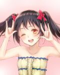  1girl ;d \m/ bare_shoulders black_hair blush bow center_frills collarbone commentary_request double_\m/ frills hair_bow hands_up highres looking_at_viewer love_live! love_live!_school_idol_project moai715 nico_nico_nii one_eye_closed open_mouth pink_background red_eyes revision round_teeth short_hair smile solo strapless teeth twintails upper_body yazawa_nico 
