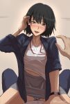  1boy 1girl absurdres aged_up amagami black_hair blush girl_on_top highres jewelry looking_at_viewer mitojyaneeeeyo nanasaki_ai necklace nose_blush office_lady shiny shiny_hair shirt short_hair skirt sweat tongue tongue_out watch wristwatch 