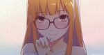  1girl amupon bangs bare_shoulders blunt_bangs brown_eyes close-up closed_mouth collarbone commentary_request glasses hand_up heart heart_necklace highres hime_cut holding holding_jewelry holding_necklace jewelry lips long_hair looking_at_viewer necklace orange_hair persona persona_5 portrait sakura_futaba solo straight_hair upper_body 