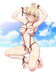  1girl absurdres armpits arms_up bangs barefoot bdsm between_labia blonde_hair blue_sky blush bondage bound breasts cloud commentary_request crotch_rope full_body green_eyes hair_between_eyes highres looking_to_the_side medium_breasts mizuhashi_parsee nipples nose_blush nude one_knee ootsuki_wataru partially_visible_vulva pointy_ears shibari shiny shiny_hair shiny_skin short_hair sky solo squatting sweat tassel touhou white_background 