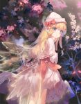  1girl blonde_hair blue_eyes blush bow branch capelet cherry_blossoms chinese_commentary closed_mouth commentary_request cowboy_shot dress expressionless fairy_wings hat hat_bow highres lace-trimmed_capelet lace_trim leaf lily_white ling_mou long_hair looking_at_viewer looking_back pink_bow pink_capelet pink_dress pink_headwear red_bow solo touhou wings 