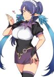  1girl blue_hair breasts closed_mouth dress highres judith_(tales) long_hair looking_at_viewer official_alternate_costume pointy_ears ponytail purple_eyes simple_background skirt smile solo tales_of_(series) tales_of_vesperia thighhighs tsurui white_background 