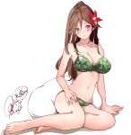  1girl amagi_(kancolle) blush bra breasts brown_eyes brown_hair cleavage collarbone flower full_body green_bra green_panties hair_flower hair_ornament kantai_collection large_breasts lingerie looking_at_viewer panties ponytail rizzl simple_background solo underwear underwear_only white_background 