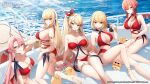  5girls :o anklet arm_up ass azur_lane bangs bare_arms bare_legs bare_shoulders barefoot bikini blonde_hair blue_eyes blue_ribbon bracelet breasts caustics cleavage closed_mouth copyright_name day duke_of_york_(azur_lane) feet_out_of_frame green_eyes hair_between_eyes hair_bun hair_ribbon holding holding_eyewear howe_(azur_lane) innertube jewelry king_george_v_(azur_lane) kneeling large_breasts looking_at_viewer looking_up manjuu_(azur_lane) monarch_(azur_lane) multiple_girls navel o-ring o-ring_bikini official_art one-piece_swimsuit outdoors parted_lips pink_eyes ponytail prince_of_wales_(azur_lane) rainbow red_bikini red_eyes red_hair red_one-piece_swimsuit red_ribbon ribbon shadow ship short_hair side-tie_bikini_bottom side_ponytail sidelocks sitting smile snow_is stomach strapless strapless_bikini string_bikini sunglasses sunlight swept_bangs swimsuit thighlet thighs tinted_eyewear underbutt water watercraft 