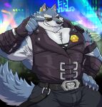  anthro badge belt_buckle canid canine canis clothing dislyte ear_piercing ear_ring eyewear fangs fingerless_gloves freddy_(dislyte) gloves handwear hi_res male mammal muscular muscular_male piercing ring_piercing scar sleeveless_jacket solo sunglasses v2wolf wolf yellow_eyes 