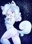  alolan_form alolan_vulpix anthro backup4now blue_eyes chest_tuft clitoris covering covering_breasts curled_hair curled_tail embarrassed fan_character female fur genitals green_eyes hair heterochromia hi_res kemono low-angle_view nieve_(backup4now) nintendo pokemon pokemon_(species) pussy regional_form_(pok&eacute;mon) scar solo tuft video_games white_body white_fur young 