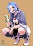  1girl :d antenna_hair bangs beer_can black_socks blue_eyes blue_hair blue_panties blush boots breasts brown_background cameltoe can center_frills collarbone commentary_request comrade_bai_yangqi dated dress drunk eyes_visible_through_hair frills full-face_blush full_body gold_trim happy holding holding_can hood hood_down kesa kneehighs kumoi_ichirin large_breasts looking_at_viewer medium_hair open_mouth panties pantyshot parted_bangs round_teeth signature simple_background slav_squatting sleeves_past_elbows smile socks solo squatting sweat teeth touhou underwear upper_teeth white_dress white_footwear wide_sleeves 