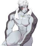  1boy absurdres bara blush colored_skin completely_nude flaccid grey_skin highres houhou1998117 lanz_(xenoblade) large_pectorals looking_at_viewer male_focus male_underwear male_underwear_pull muscular muscular_male nude pectorals penis short_hair simple_background solo towel towel_around_neck underwear undressing white_background white_hair white_male_underwear xenoblade_chronicles_(series) xenoblade_chronicles_3 