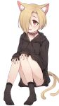  1girl :d animal_ear_fluff animal_ears bangs bell black_hoodie black_socks blonde_hair cat_ears cat_girl cat_tail collar collarbone commentary drawstring fang full_body hair_over_one_eye hands_on_own_knees highres hood hood_down hoodie idolmaster idolmaster_cinderella_girls jingle_bell kemonomimi_mode long_sleeves looking_at_viewer multiple_tails neck_bell nekomata no_pants no_shoes one_eye_covered open_mouth red_collar red_eyes shirasaka_koume shone simple_background sleeves_past_wrists smile socks solo tail thighs two_tails white_background 