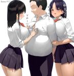  1boy 2girls black_hair black_skirt blue_eyes bow bowtie breasts button_gap commentary_request faceless faceless_male fat fat_man kaisen_chuui large_breasts multiple_girls original panties pink_panties red_bow red_bowtie school_uniform shirt short_hair side-tie_panties simple_background skirt thighs translation_request underwear white_background white_shirt 