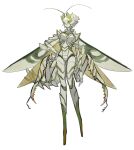  1girl antennae arthropod_girl arthropod_limbs carapace closed_mouth colored_sclera colored_skin extra_arms full_body green_pupils green_sclera green_skin hair_between_eyes hand_on_hip highres horns insect_wings looking_at_viewer mantis_girl monster_girl multicolored_skin no_feet original ruteko_(ruko220) short_hair simple_background solo standing twitter_username white_background white_hair white_skin wings yellow_eyes yellow_skin 
