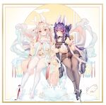  2girls animal_ears bangs black_pantyhose blonde_hair breasts high_heels highres large_breasts looking_at_viewer moon_rabbit multiple_girls obiwan original pantyhose purple_hair rabbit_ears rabbit_girl red_eyes revealing_clothes thick_thighs thighs underboob weisuoxin white_pantyhose 