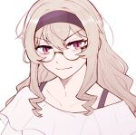  &gt;:) 1girl bangs bespectacled blonde_hair bra_strap brown-framed_eyewear brown_hairband chinese_commentary closed_mouth collarbone commentary_request glass glasses hair_between_eyes hairband highres light_blush long_hair looking_at_viewer off-shoulder_shirt off_shoulder pink_eyes portrait rickonrk saijou_claudine shirt shoujo_kageki_revue_starlight sidelocks simple_background smile solo v-shaped_eyebrows wavy_hair white_background white_shirt 