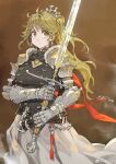  1girl absurdres armor armored_dress belt blonde_hair breasts cowboy_shot cross cross_earrings crystal_sword dress earrings english_text gauntlets hair_ornament hair_ribbon headpiece highres holding holding_sword holding_weapon jewelry jun_(seojh1029) long_hair looking_at_viewer original pauldrons ponytail ribbon shoulder_armor simple_background skirt solo sword tassel thank_you weapon weibo_logo weibo_username 