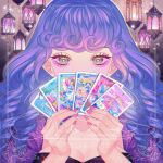  1girl black_shirt blue_hair border breasts card cleavage covering_mouth curly_hair eyelashes eyeshadow freckles gradient_hair highres holding holding_card lantern large_breasts makeup multicolored_eyes multicolored_hair okitafuji original page_of_cups_(tarot) pink_eyeshadow pink_nails purple_hair purple_sleeves ringlets shirt solo sparkle tarot 