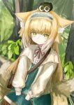 1girl absurdres animal_ear_fluff animal_ears arknights bangs basket blue_hairband blue_skirt closed_mouth commentary_request day fox_ears fox_girl fox_tail frilled_hairband frills green_eyes hairband high-waist_skirt highres holding holding_basket jacket kitsune long_sleeves looking_at_viewer neck_ribbon on_head open_clothes open_jacket outdoors piennamekuzi puffy_long_sleeves puffy_sleeves red_ribbon ribbon shirt skirt solo suzuran_(arknights) tail tree white_jacket white_shirt 