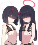  2girls bangs bare_arms bare_shoulders bikini black_bikini black_hair blue_archive blunt_bangs breasts collarbone commentary_request hair_over_eyes halo horns justice_committee_club_member_(blue_archive) long_hair multi-strapped_bikini multiple_girls navel nyaru_(nyaru_4126) short_hair simple_background small_breasts swimsuit very_long_hair white_background 