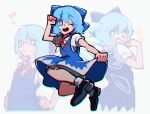  1girl back_turned blue_bow blue_dress blue_eyes blue_hair bow bright_pupils cirno cirno_day clenched_hand collared_shirt dress fairy_wings furrowed_brow hair_bow hand_up hands_on_hips highres ice ice_wings iganashi1 jumping looking_at_viewer looking_back musical_note neck_ribbon open_mouth pinafore_dress puffy_short_sleeves puffy_sleeves red_ribbon ribbon shirt shoes short_dress short_hair short_sleeves simple_background smile socks solo sparkle spoken_musical_note teeth tongue touhou variations white_background white_pupils white_shirt wings 