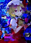  1girl :d apple ascot blonde_hair blue_background collared_shirt cowboy_shot flandre_scarlet food fruit glitch hair_between_eyes hat holding holding_food holding_fruit kujikimi looking_at_viewer medium_hair mob_cap multicolored_wings open_mouth pointy_ears puffy_short_sleeves puffy_sleeves red_eyes red_skirt red_vest shirt short_sleeves side_ponytail skirt skirt_set smile solo touhou vest white_headwear white_shirt wings yellow_ascot 