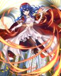  1girl :d black_pantyhose blue_eyes blue_hair book boots bracelet capelet commission dress elbow_gloves fire fire_emblem fire_emblem:_the_binding_blade fire_emblem_heroes frilled_dress frills gloves highres holding holding_book jewelry kakiko210 layered_dress lilina_(fire_emblem) long_dress looking_at_viewer official_alternate_costume open_book open_mouth pantyhose red_capelet skeb_commission smile solo white_dress white_footwear white_gloves 